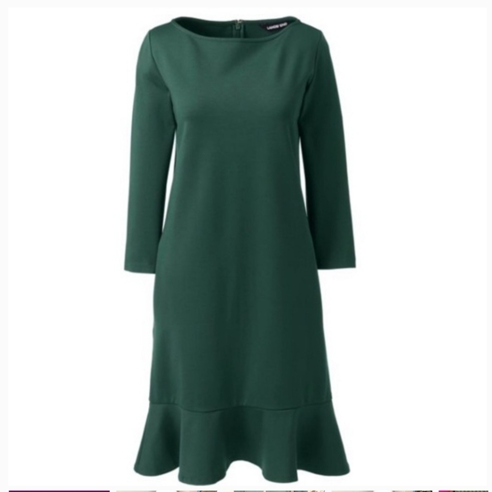 NWT Lands End hunter green ruffle hem 3/4 sleeve sheath dress with POCKETS!